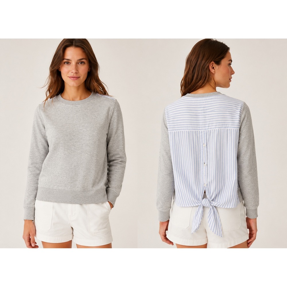 J.Crew Womens Striped Tie Back Sweatshirt XS Preppy Mixed Media Grey Top